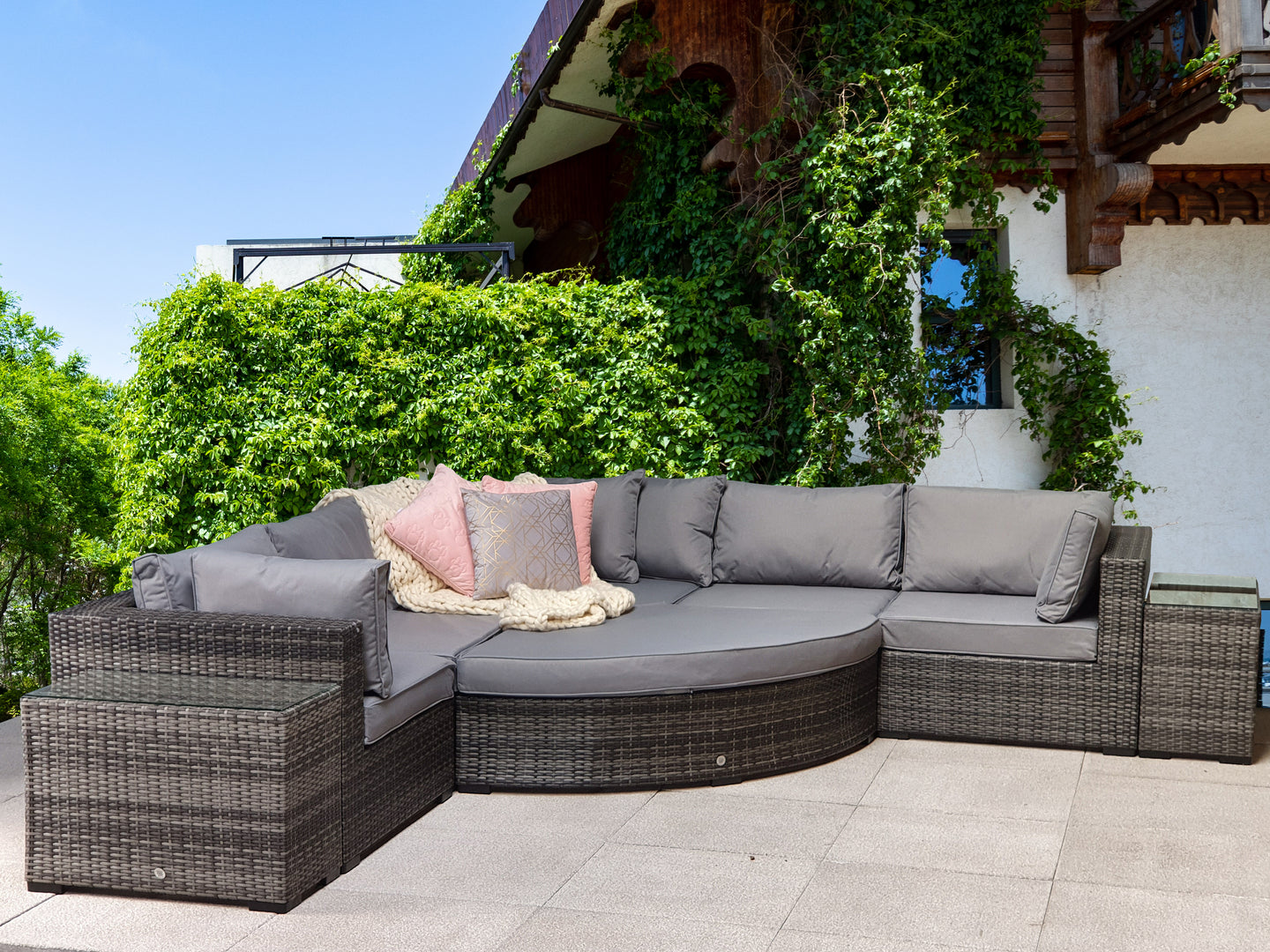 Signature Weave - Outdoor Furniture - Jessica Corner With Poof & End Tables In Mixed Grey